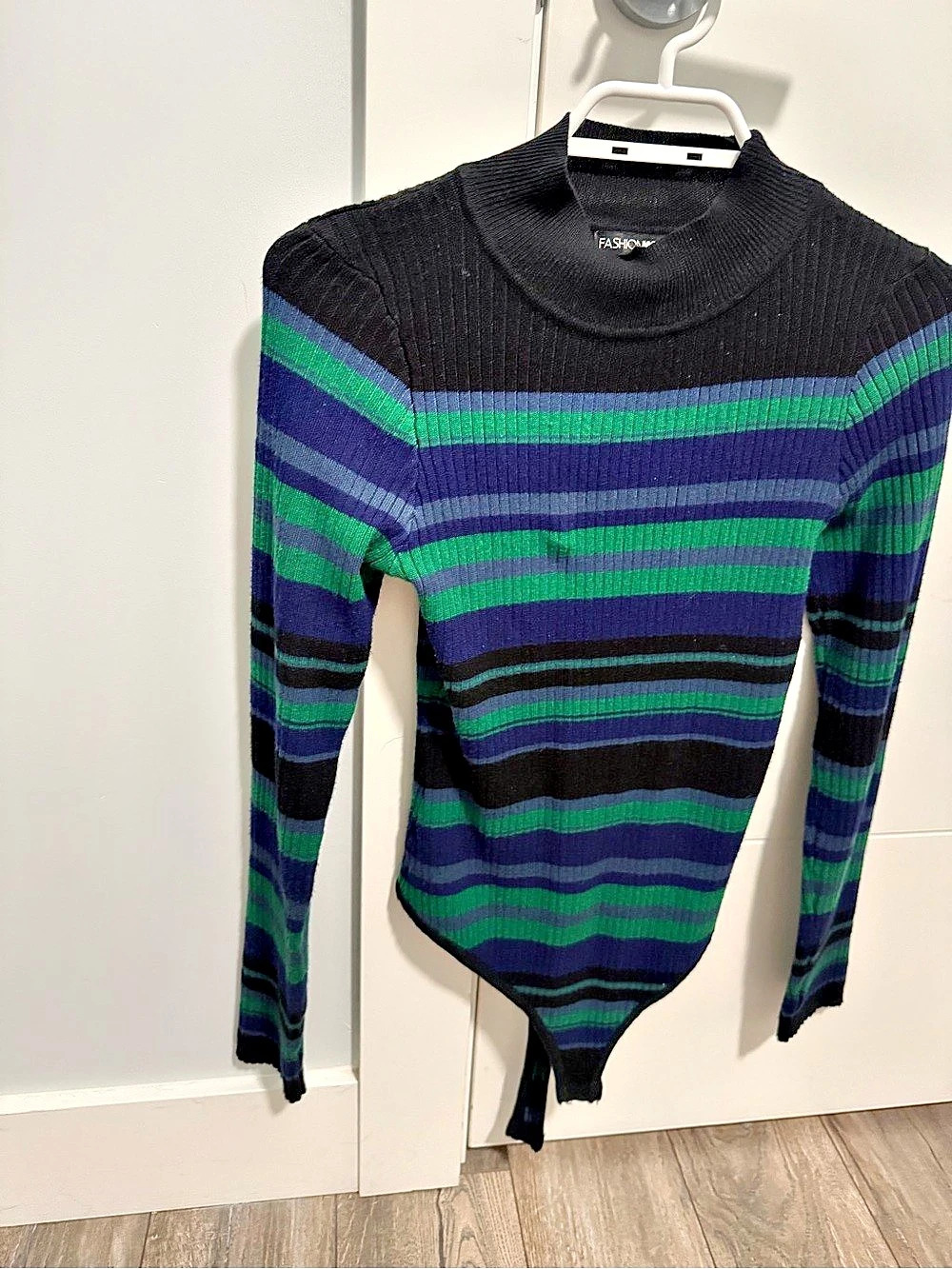 Fashion Nova Striped Ribbed Mock Neck Bodysuit Black & Green